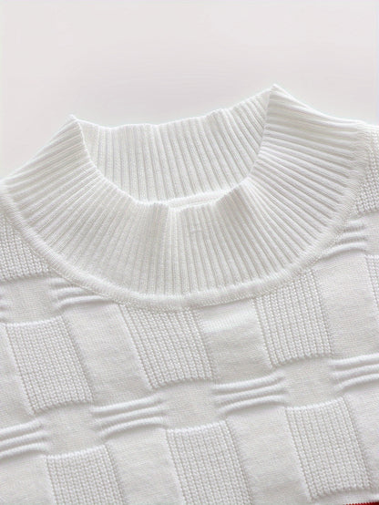 Temujin OBM Men's Fashion Mid-Neck Button Contrast Stripe Three-Dimensional Plaid Knit Top