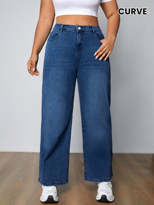 Կանացի Plus Size Casual լվացված կապույտ պարզ կոճակով Fly Բարձր աճ միջին ձգվող ուղիղ ոտքերի ջինսեր