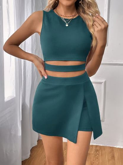Sexy Sleeveless Top with Waist Cutout & Asymmetrical Mini Skirt