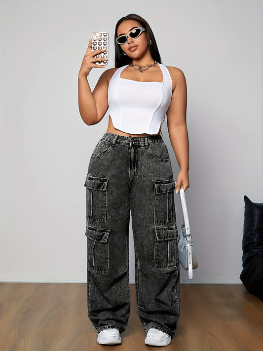 Կանացի Plus Size Casual Cargo ջինսեր մի քանի գրպաններով - բարձրաճճի, ազատ տեղավորվող ջինսե սև, բաց կապույտ և սպիտակ, կատարյալ ամենօրյա հագուստի համար, պատահական ջինսե հագուստի համար | Կոմունալ ոճի շալվար | Հարթ հյուսվածք ջինսե