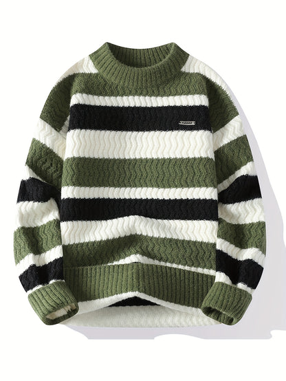 Տղամարդու հաստ տաք սվիտեր - երկար թևքերով, կլոր վզով, ուղղահայաց շերտերով, կանաչ գույնով / - հարմարավետ աշուն/ձմեռ սվիտեր ամենօրյա և պաշտոնական հանդերձանքի համար, տրիկոտաժ, ձմեռային հագուստ, դասական տրիկոտաժ, կողավոր հյուսվածք, ամենօրյա հագուստ, ոճավորում