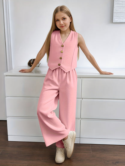 Girls' Summer Casual Set: Vest and Wide-Leg Pants Outfit