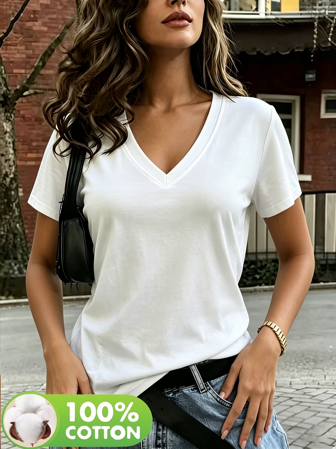 Women's Elegant V-Neck Cotton T-Shirt, Short Sleeve, Regular Fit