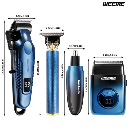 WEEME 4pcs Men's Electric Hair Clipper Set, Beard Trimmer Set, Household Facial Cleansing Set. Hair Cutting, Shaving, Trimming of Nasal Hair, Trimming of Sideburns, Facial Hair Cleaning. USB Charging. for Household Use, Vehic