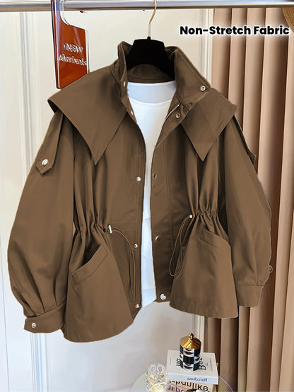 Կանացի միագույն պոլիեսթերային վերարկու՝ լարով գոտկատեղի, օձիքի և կրծքավանդակի գրպաններով - Գարնանային և աշնանային նորաձևություն, հարմարավետ, չձգվող գործվածք, ամենօրյա վերնազգեստ | Դասական երկար թևքեր | Չձգվող նյութ