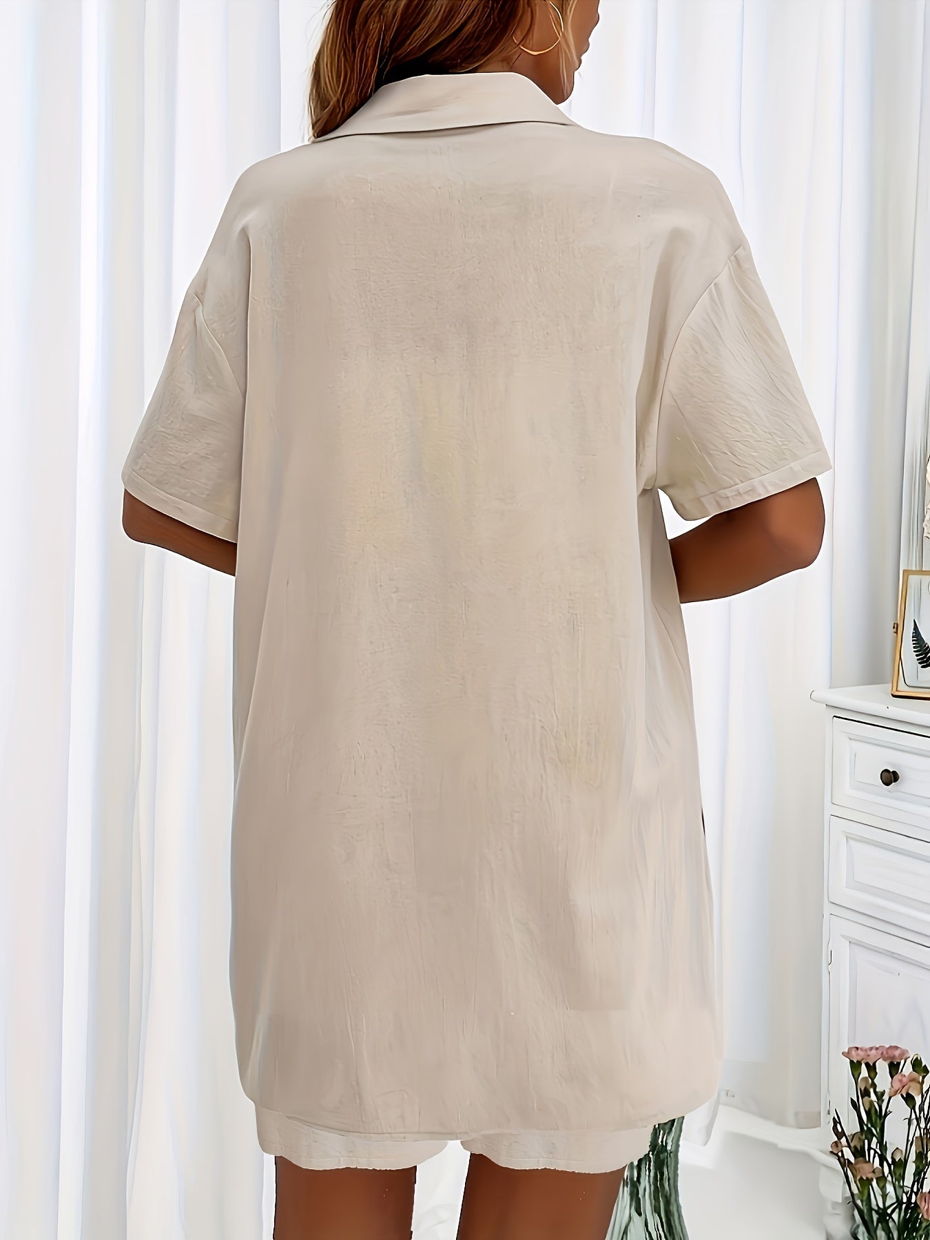 Women's Casual Two-Piece Set: Button-Up Shirt & Drawstring Shorts