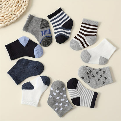 10pcs Boys' Mid-Calf Socks - Star, Striped & Color Block Patterns, Soft Knit Fabric, All-Season Comfort for Youngsters & Youngsters, Youngsters Socks
