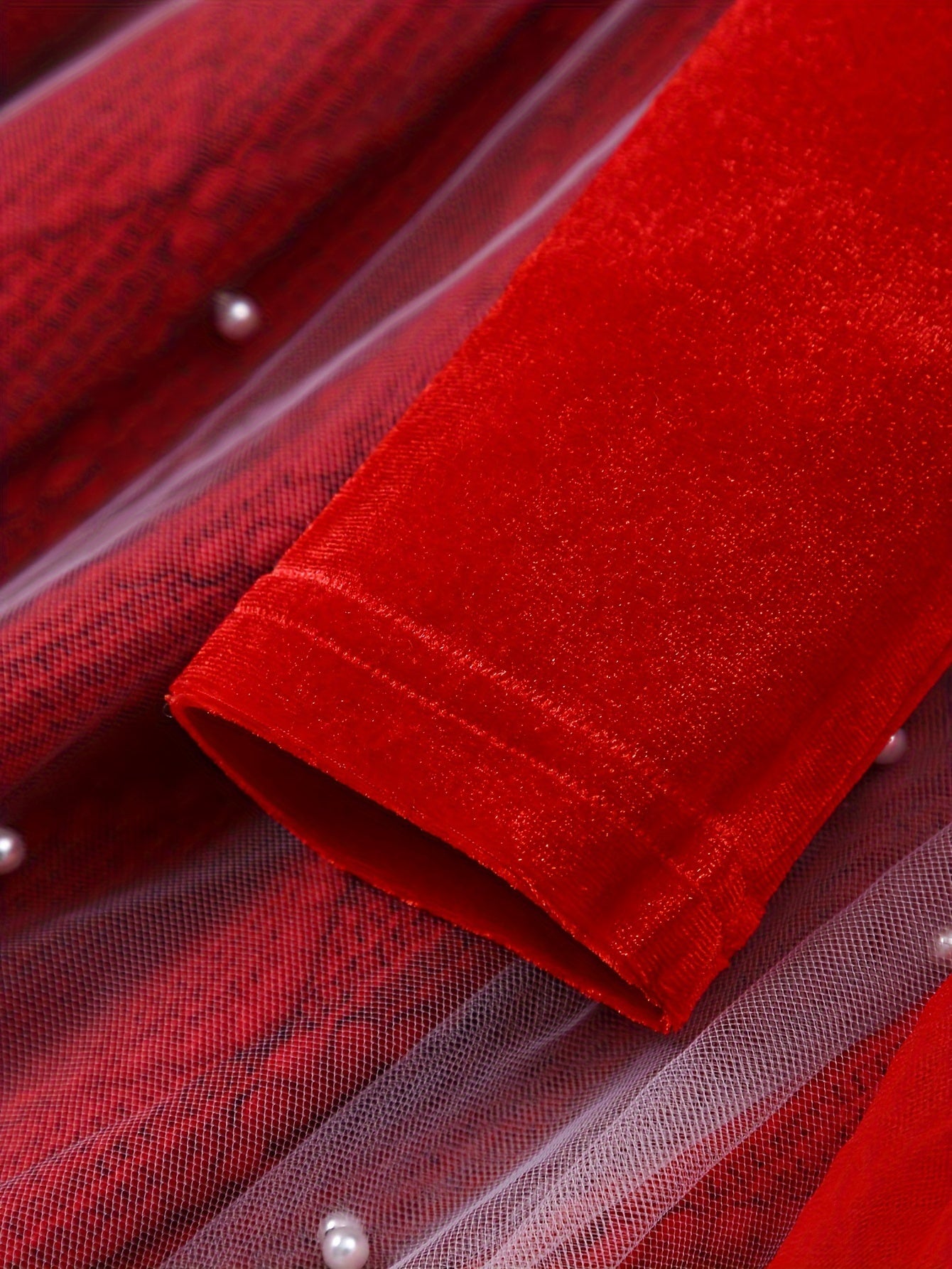 Girls' Christmas Red & White Tulle Dress with Spaghetti Strap Off-Shoulder Neckline, Long Sleeves, Fluffy Trim Hem & Golden Belt - Elegant Party Dress for Holiday Celebrations, Christmas Pageant, New Year's Eve - Machine Wash