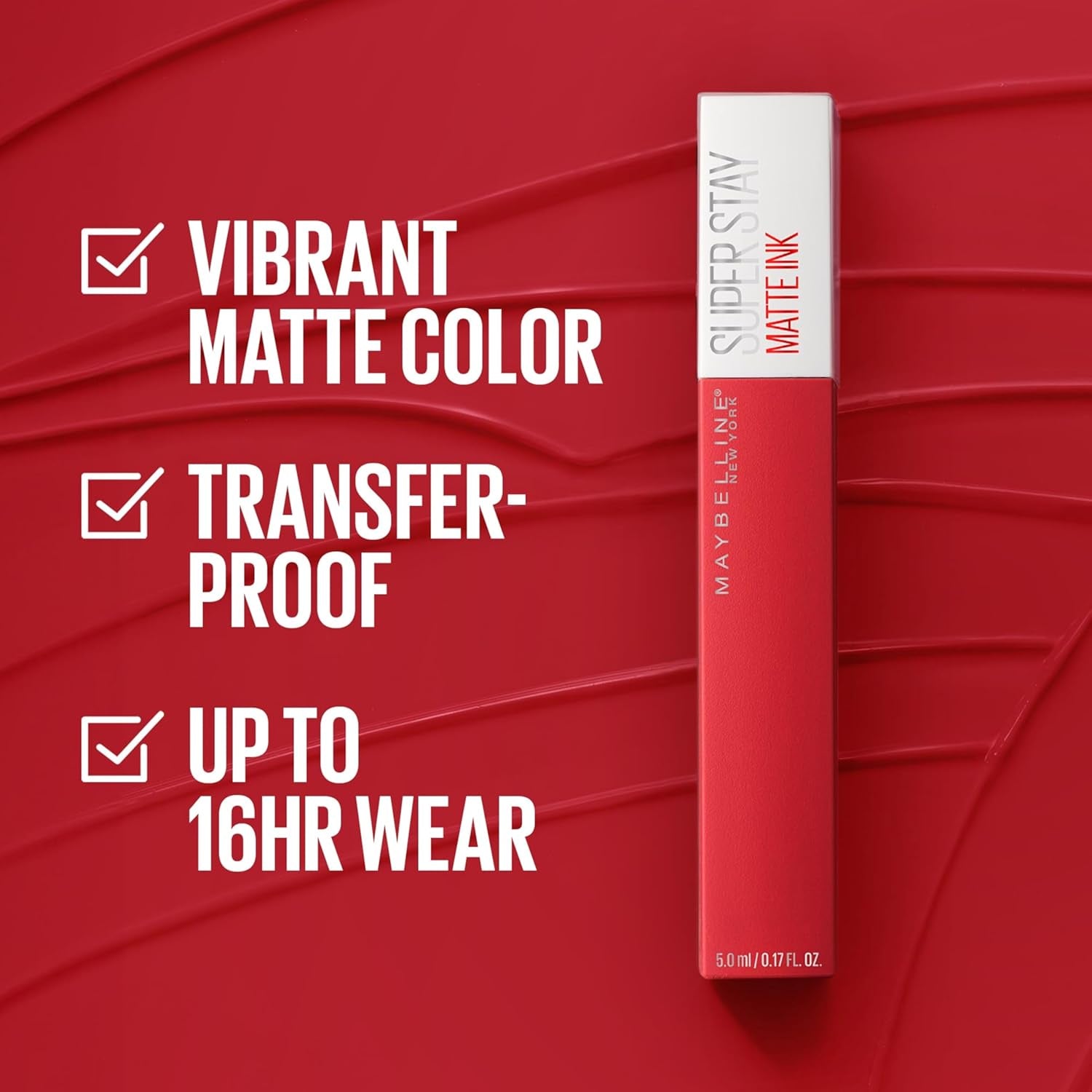 Maybelline Super Stay Matte Ink Liquid Lipstick Makeup, Long Lasting High Impact Color, up to 16H Wear, Exhilarator, Ruby Red, 1 Count, Packaging May Vary