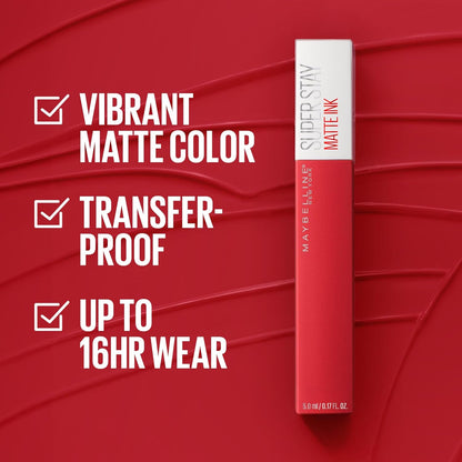 Maybelline Super Stay Matte Ink Liquid Lipstick Makeup, Long Lasting High Impact Color, up to 16H Wear, Exhilarator, Ruby Red, 1 Count, Packaging May Vary