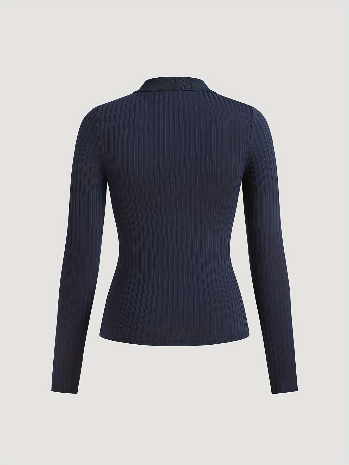 Elegant Navy Blue Ribbed Long Sleeve Top for Women - Chic V-Neck with Collar, Stretchy Polyester Blend, Machine Washable - Perfect for Spring & Autumn