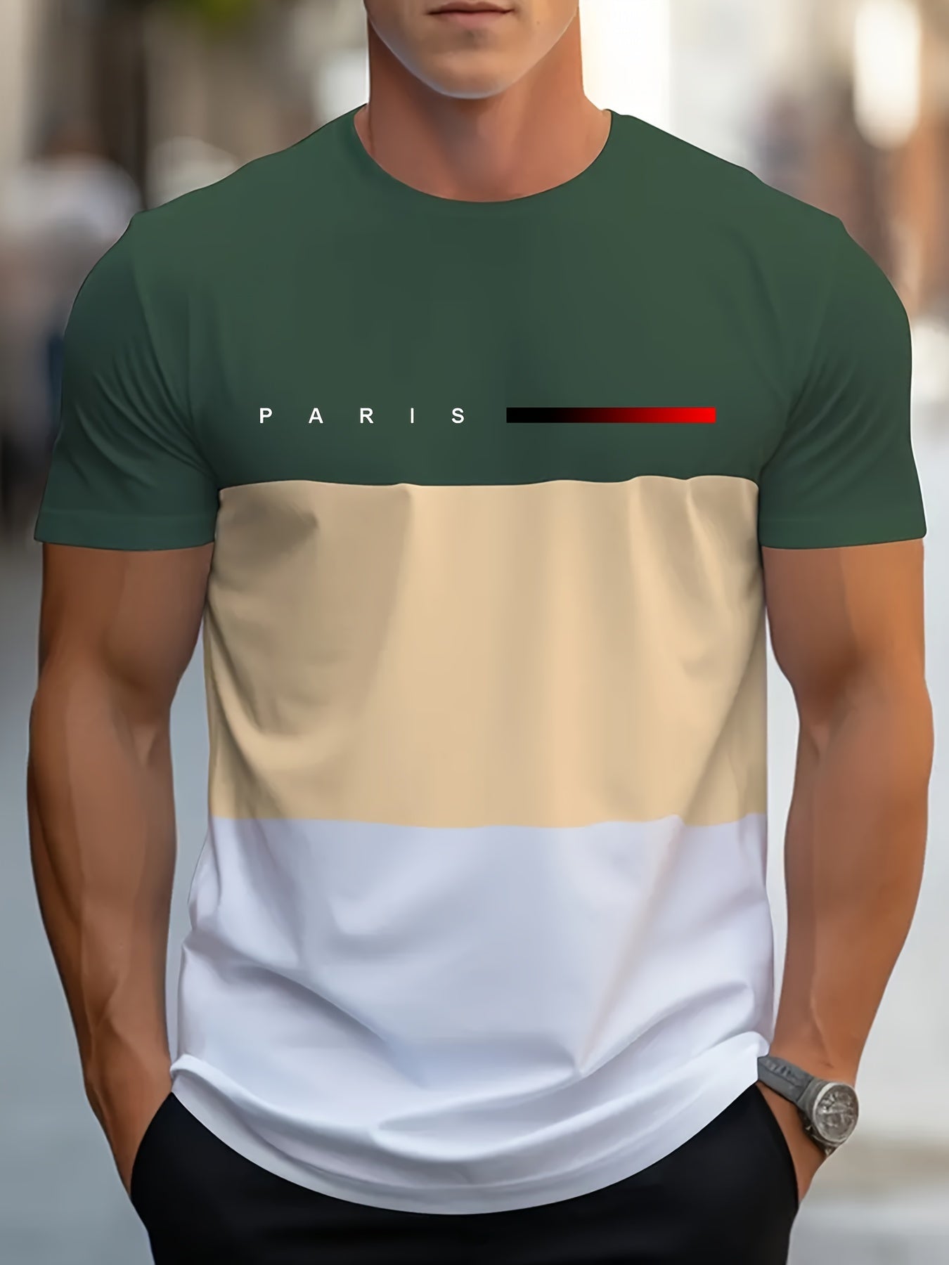 Men's Casual Crew Neck T-Shirt with Paris Print, Short Sleeve Knit Polyester Blend Top for Spring/Summer Outdoor Activities, Tee Shirts