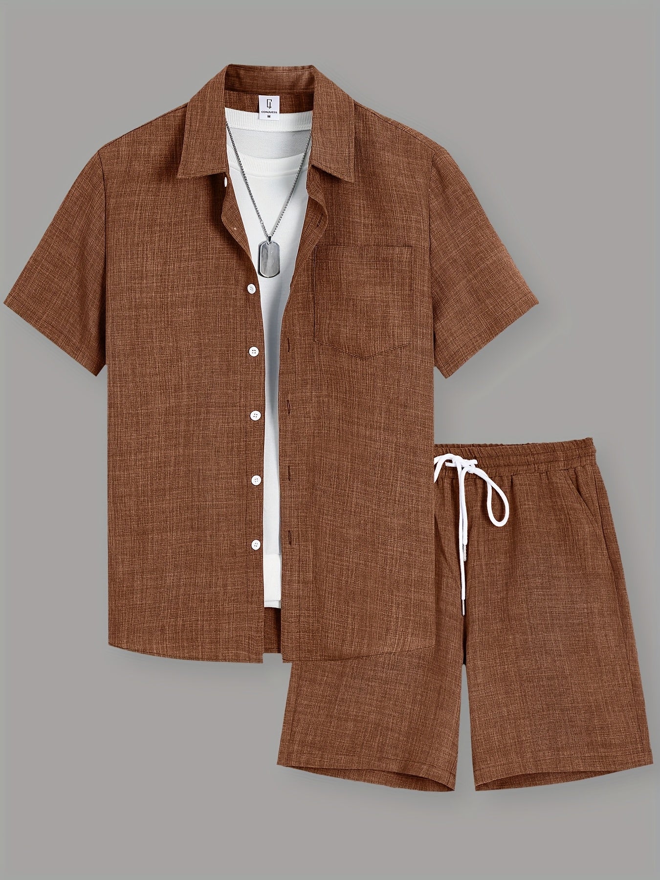 Men's Summer Casual Solid Color Shirt and Shorts Set