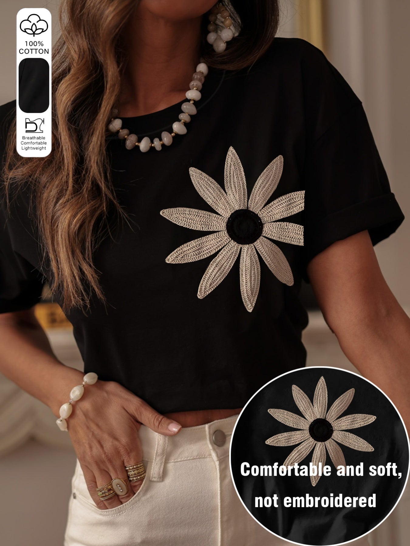 Women's Casual 100% Cotton Floral Round Neck T-Shirt Summer