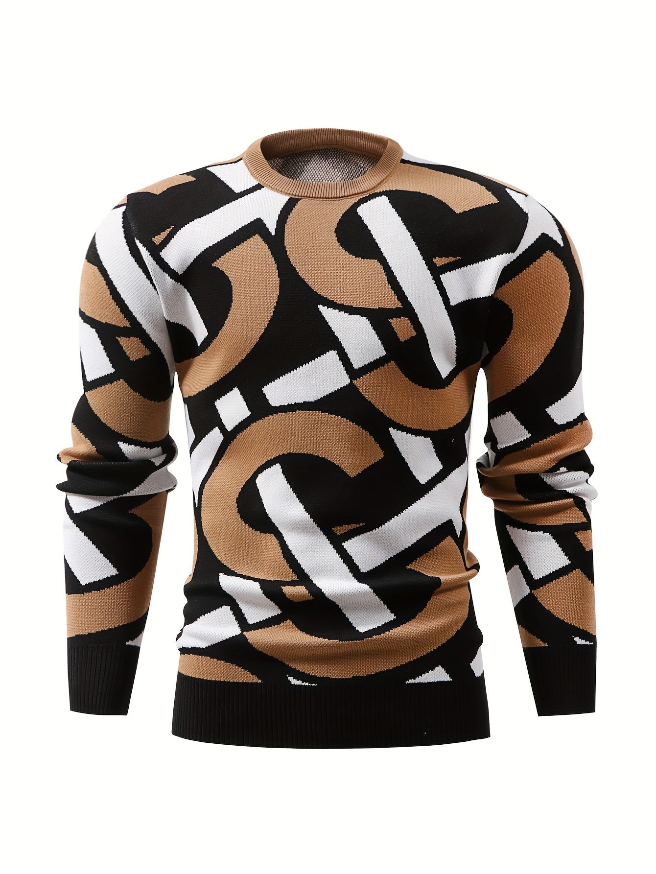 Temujin OBM Men's Fashion New Jacquard Color-Block Knit Long Sleeve Pullover Sweater