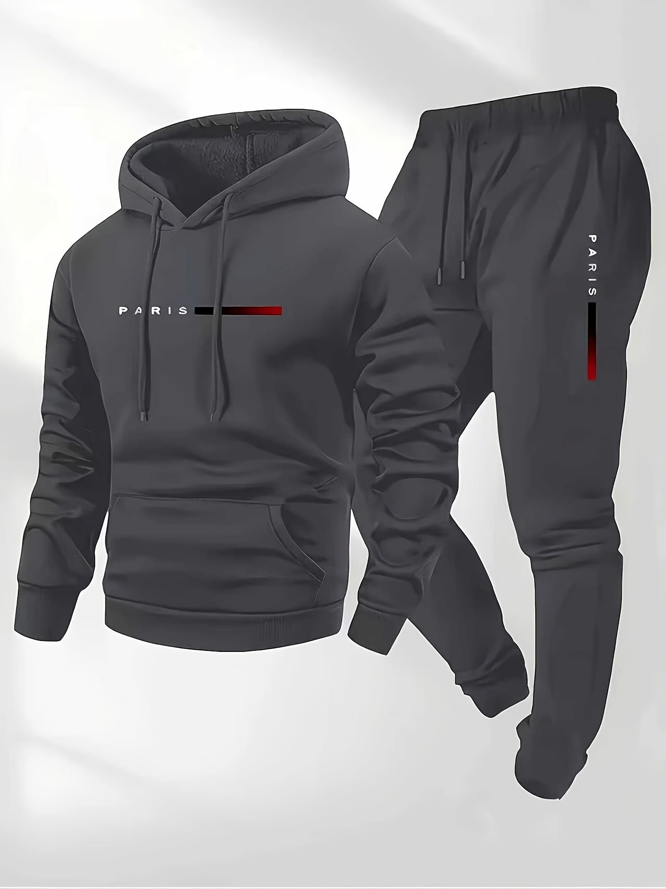 Halloween Men'S Hoodie with PARIS Lettering And Drawstring Sweatpants Set, a Must-Have Outfit for Autumn And Winter, Perfect for Everyday Outdoor Wear - ayq