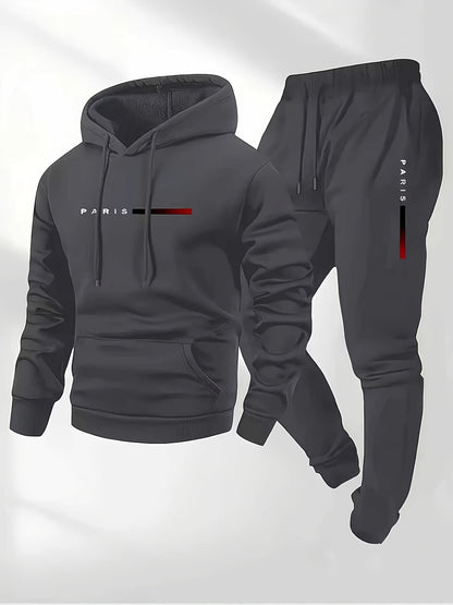 Halloween Men'S Hoodie with PARIS Lettering And Drawstring Sweatpants Set, a Must-Have Outfit for Autumn And Winter, Perfect for Everyday Outdoor Wear - ayq