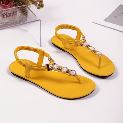 Elegant Summer Women's Flat Sandals with Rhinestone Embellishments and Strappy Back, Split Toe Design, Rubber Sole – Non-Washable, Man Made Materials – Taizhou-Origin