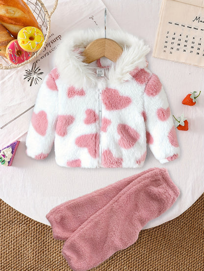 A Set of Warm Clothes for Baby Girls, Warm Hooded Fleece Jacket, Cardigan Top + Elastic Waist Warm Pants, Autumn And Winter Style, Cute Cold-Proof Jacket for Girls, Fur Zipper Outerwear, Outdoor Clothing Set, Newborn Children