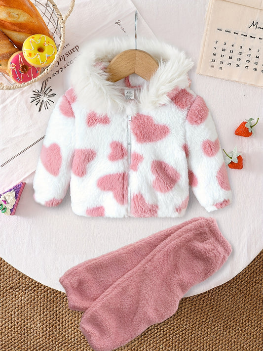 A Set of Warm Clothes for Baby Girls, Warm Hooded Fleece Jacket, Cardigan Top + Elastic Waist Warm Pants, Autumn And Winter Style, Cute Cold-Proof Jacket for Girls, Fur Zipper Outerwear, Outdoor Clothing Set, Newborn Children