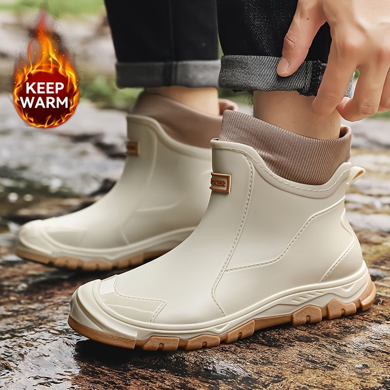 Men's Winter Plush-Lined Short Slip-On Rain Boots, Warm & Durable