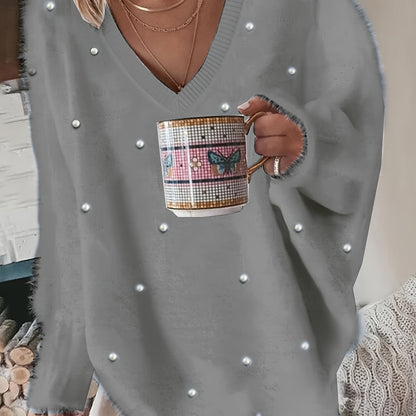 Մեծ չափս - Կանացի հարմարավետ դեղին V-ձև օձիքով սվիտեր՝ մարգարիտ կոճակներով և բրդյա եզրերով թևքերով - Ասիմետրիկ եզր, երկրաչափական նախշ, առօրյա ձմեռային սվիտեր առօրյա հագուստի համար, Ձմեռային հագուստ | V-ձև օձիքով սվիտեր | Մարգարիտ կոճակների մանրամասներ, Sw