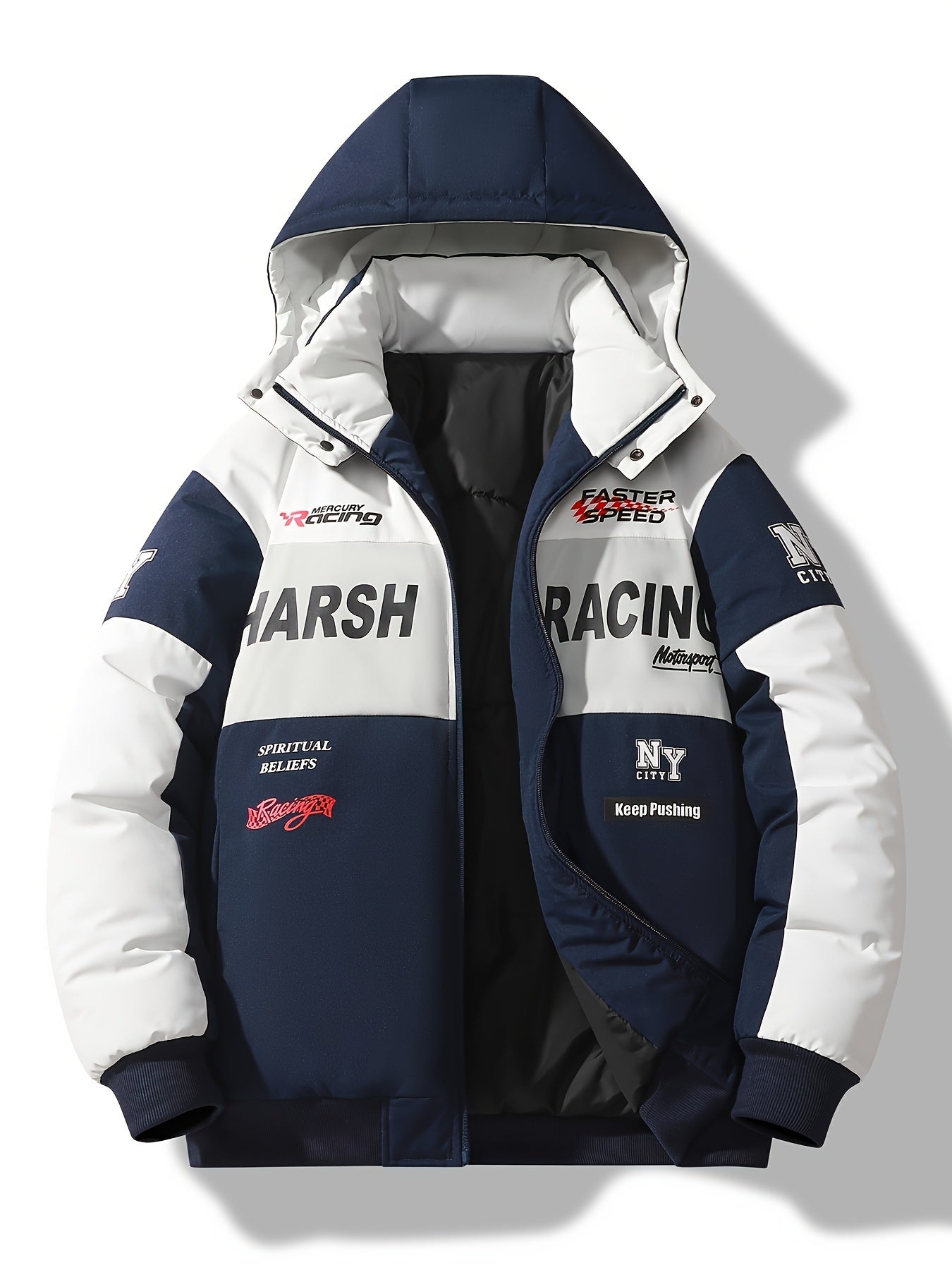 Men'S Casual Motorcycle Jacket, Warm Pilot Fashion Top 6023, 100% Polyester Hooded Collar with Alphabet Pattern, Long Sleeve Regular Fit, Non-Stretch Woven Fabric, Zipper Placket, with Pockets - 280gsm