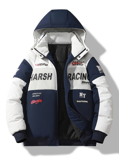 Men'S Casual Motorcycle Jacket, Warm Pilot Fashion Top 6023, 100% Polyester Hooded Collar with Alphabet Pattern, Long Sleeve Regular Fit, Non-Stretch Woven Fabric, Zipper Placket, with Pockets - 280gsm