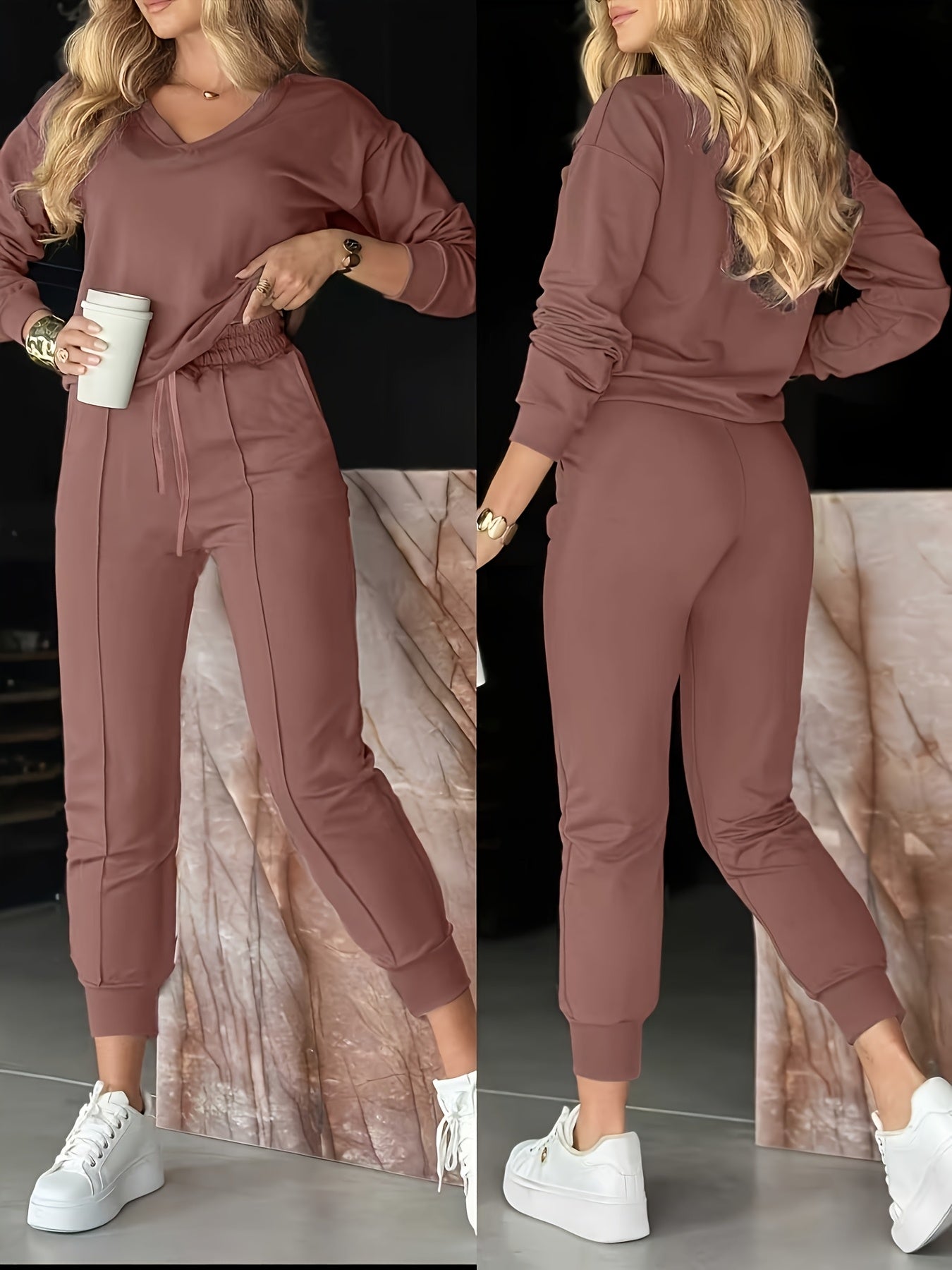 Casual Long Pants And V-Neck Top Women'S Outfit - ayq