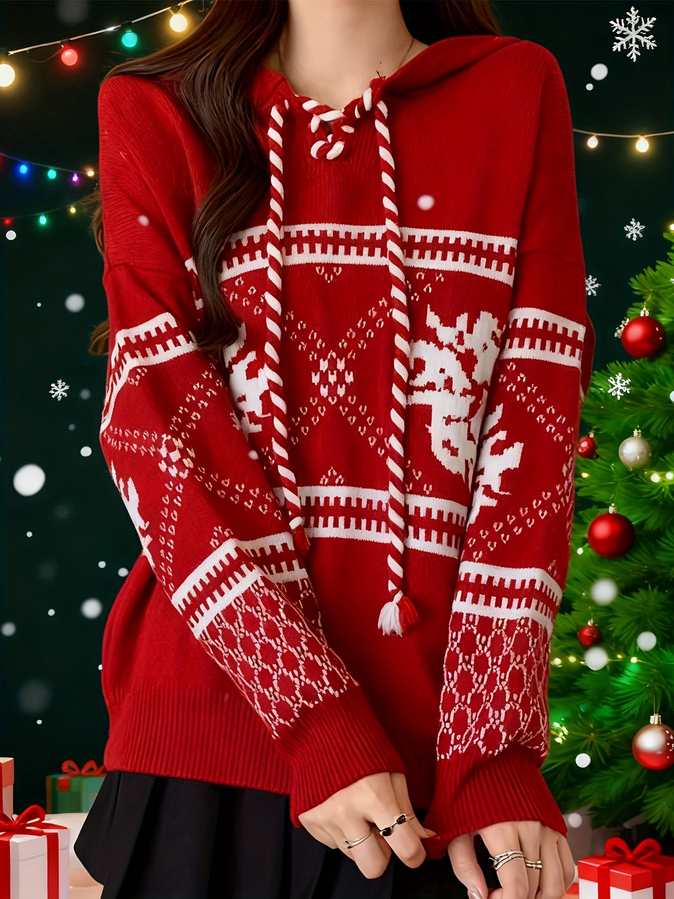 Autumn/Winter Women's Korean-Japanese Style Christmas Sweater, New Year Holiday Red Fair Isle Top, New Arrival Embroidered Stripe Embroidered Collar Adjustable Drawstring Embroidered Snowflake Pattern Thick Warm Hooded Sweats