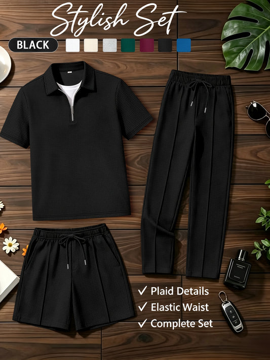 Men's Summer Casual 3-Piece Tracksuit Waffle Knit Half-Zip