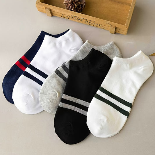 5pcs Men's Breathable Low-Cut Athletic Socks - Lightweight, Moisture-Wicking Striped Ankle Socks for Spring & Summer (White, Navy Blue, Black, Gray, Light Green)