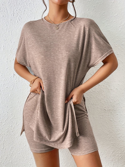 Casual Solid Color Comfortable Two-Piece Set, Bat Sleeve Round Neck Slit T-Shirt and Tight Shorts, Women's Clothing