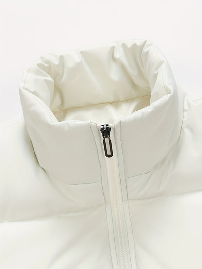 Men'S 2025 New Casual Jacket - Black, Stand Collar, Zip-Up, Long Sleeve, Polyester Filled, Winter Coat with Adjustable Drawstring Hood