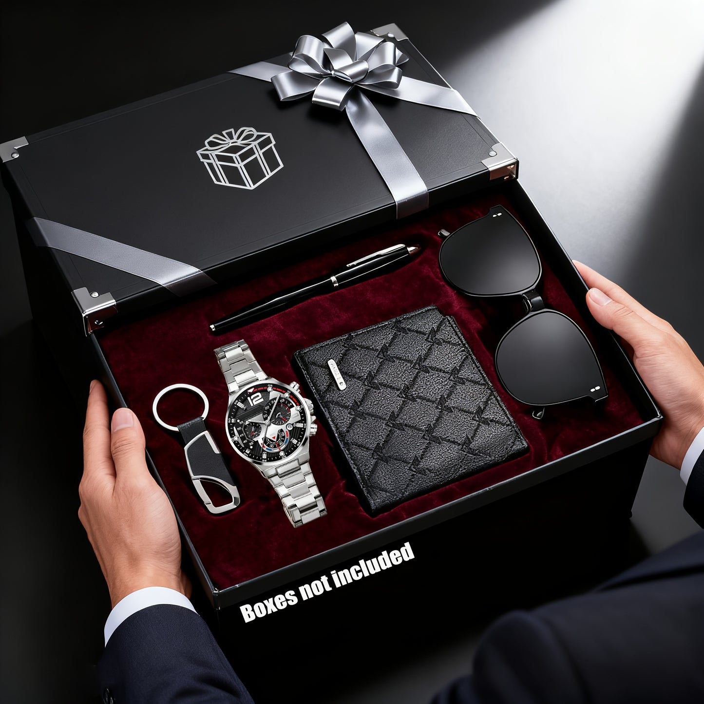 5 հատից բաղկացած հավաքածու, որը ներառում է նորաձև, բարձրակարգ տղամարդու ժամացույց, դրամապանակ, ակնոց, գնդիկավոր գրիչ և բանալիի շղթա, հիանալի է գործնական նվերի համար: Հիանալի ընտրություն է տոնական նվերի համար ընկերոջ, հոր, ընտանիքի անդամի կամ եղբոր համար: