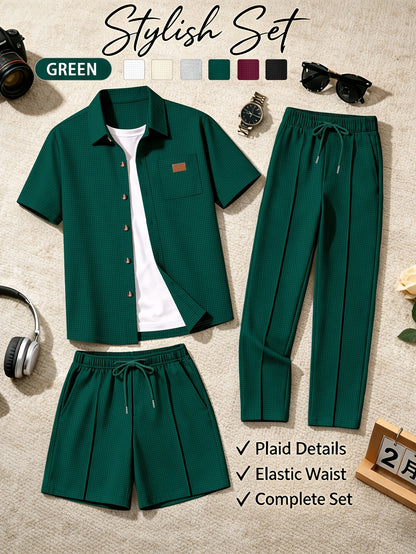 Men's 3-Piece Casual Waffle Knit Summer Set with Shirt & Shorts