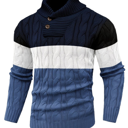 Men's Business Style Color-Block Sweater, Fashionable Trendy Spliced Large Lapel Pullover, Versatile Button-Design Sweatshirt