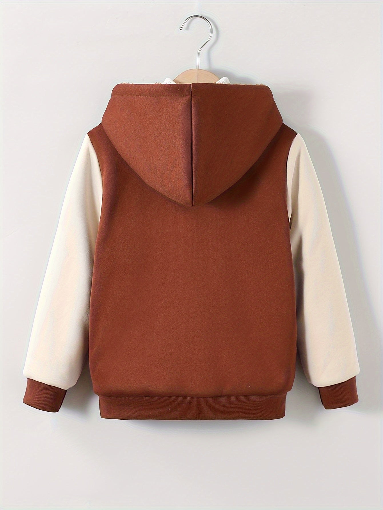 1pc Boys Stylish Color Block Fleece Lining Hooded Jacket, Long Sleeve Zip Up Jacket, Kids Clothes Outdoor