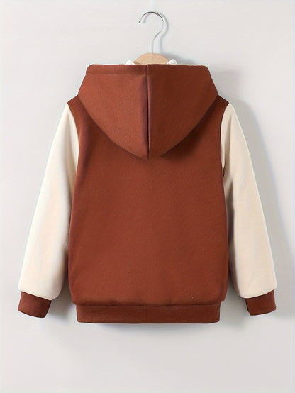 1pc Boys Stylish Color Block Fleece Lining Hooded Jacket, Long Sleeve Zip Up Jacket, Kids Clothes Outdoor