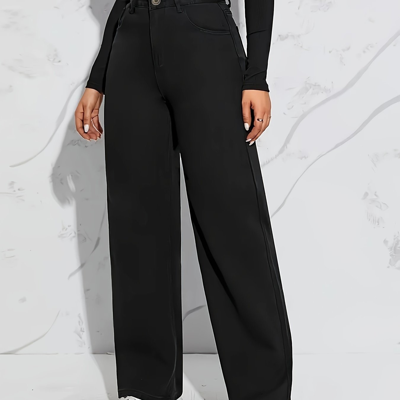 Women's High-Waisted Wide Leg Jeans, Fabric Blend, Polyester, Viscose, Classic Style, Machine Washable, No Stretch, Solid Color, Four Seasons, Zipper Closure, Casual Outwear