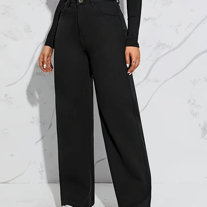 Women's High-Waisted Wide Leg Jeans, Fabric Blend, Polyester, Viscose, Classic Style, Machine Washable, No Stretch, Solid Color, Four Seasons, Zipper Closure, Casual Outwear