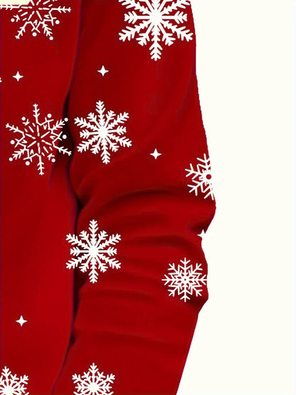 Men's Christmas Santa & Reindeer Print T-Shirt - Soft Stretchy Long Sleeve Casual Top with Elf Helper & Sleigh Design, Plus Size Holiday Party Wear, Machine Washable Red & White Snowflake Pattern Shirt, PLUS SIZE, Christmas S