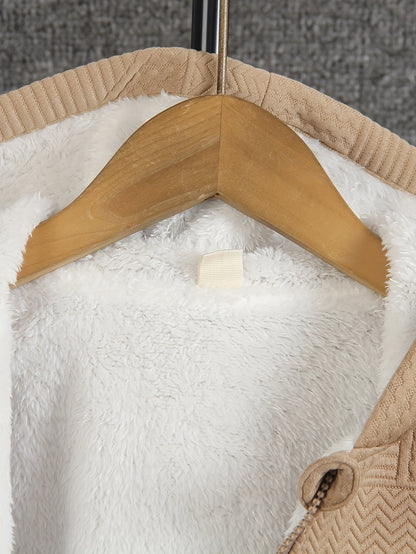 Cozy Fleece Zip-Up Hoodie & Pants Set - Beige Geometric Pattern, Long Sleeve Casual Winter Outfit with Pockets, Elastic Waistband, and Button-Up Front, Perfect for Fall/Winter, Cozy Clothing | Playful Design | Elastic Waistba