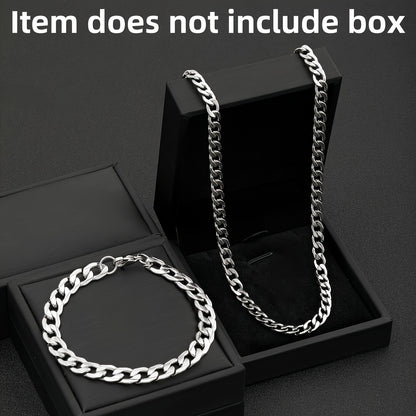 Stainless Steel Men's Jewelry Set, 19.69-inch Cuban Chain, Hip-hop Style Embossed Bracelet, Casual Wear and Holiday Gift - the Perfect Birthday Present
