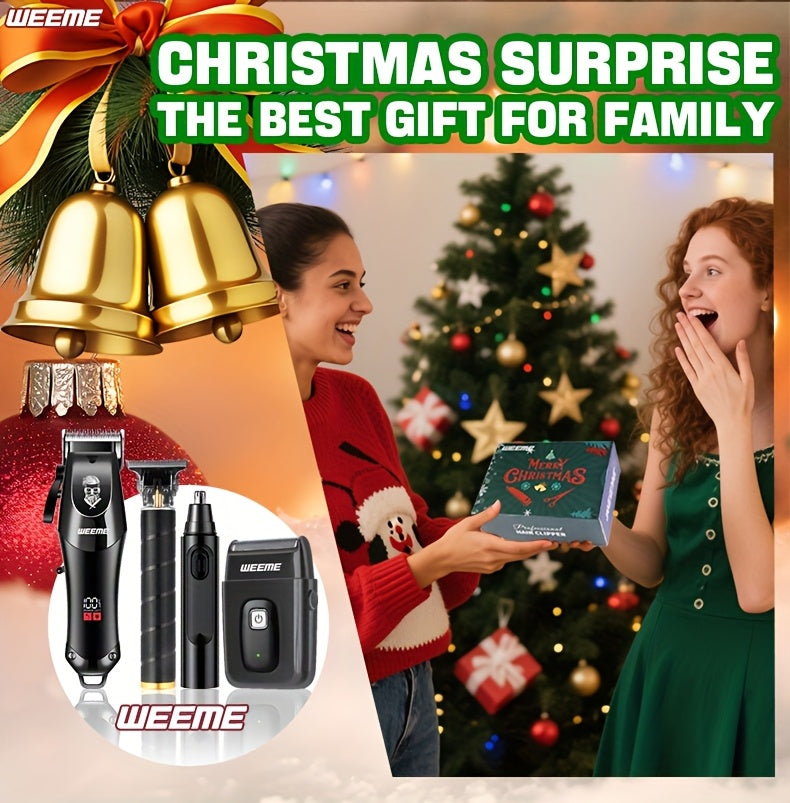 WEEME 4pcs Professional Hair Clipper Set for Men, Cordless Barber Clippers and Trimmer Kit, Electric Beard Trimmer and Nose Trimmer, Foil Shaver Men's Grooming Tool Kit, Christmas Gifts for Him (Black) - ayq