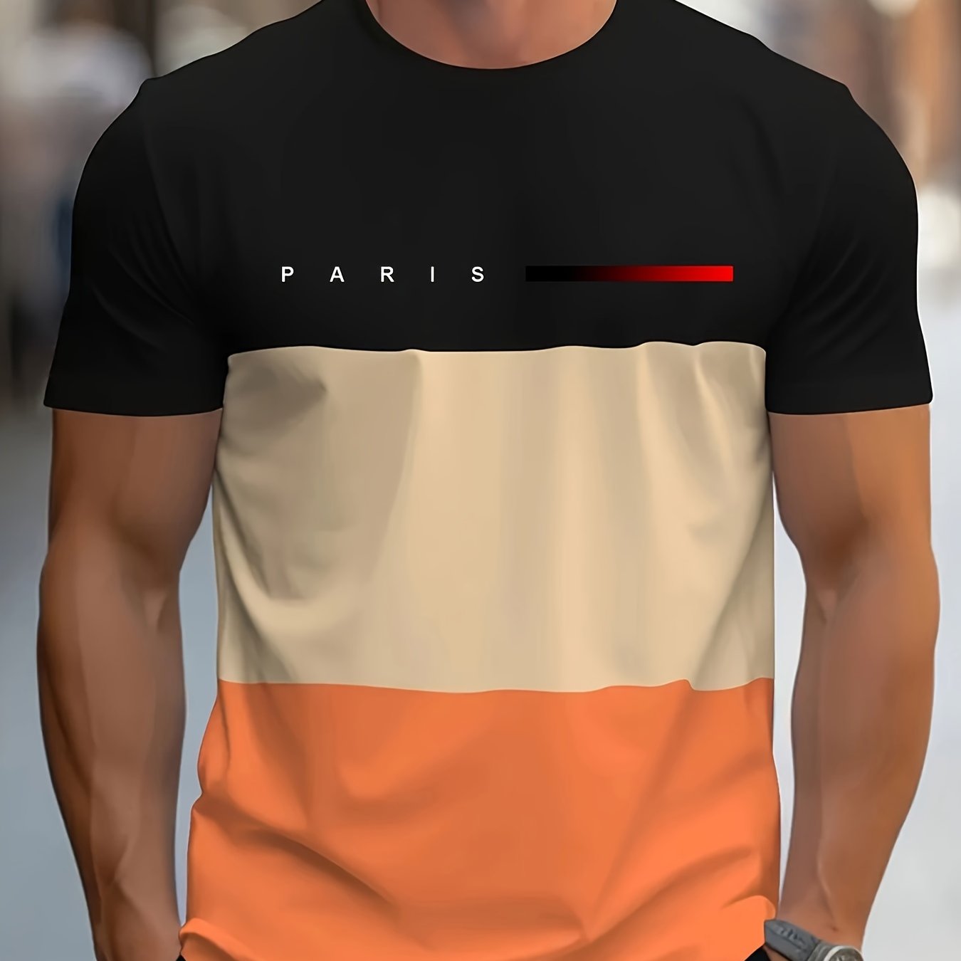 Men's Casual Crew Neck T-Shirt with Paris Print, Short Sleeve Knit Polyester Blend Top for Spring/Summer Outdoor Activities, Tee Shirts