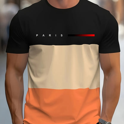 Men's Casual Crew Neck T-Shirt with Paris Print, Short Sleeve Knit Polyester Blend Top for Spring/Summer Outdoor Activities, Tee Shirts