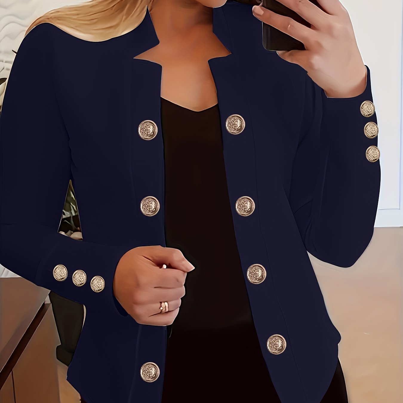 Plus Size, Women's Navy Blue Double-Breasted Blazer - Elegant Long Jacket with Button Front Closure, Machine Washable Office & Party Coat for Women, Formal Everyday Chic Outerwear, Spring Fashion, Classic Silhouette, Structur