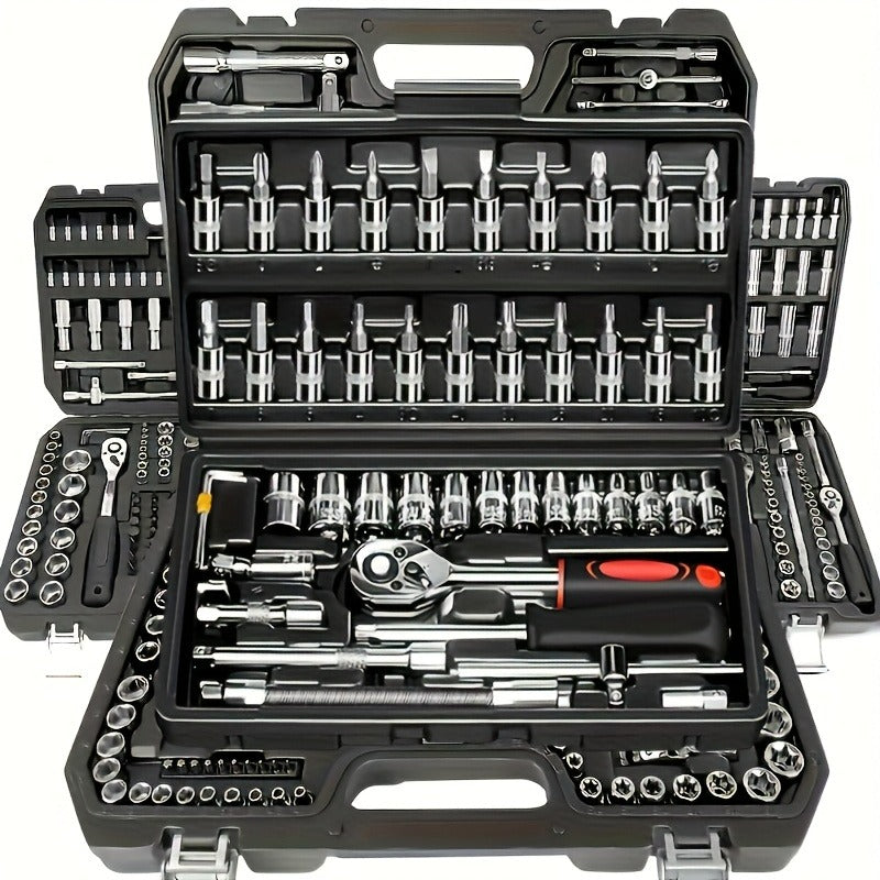 150/46pcs Professional All-in-One Auto Repair Tool Set Compatible for European- Heavy-Duty Alloy Metal Toolbox with Ratchet Torque Wrench, Hex Bit Screwdriver Kit, Multi-Size Car Mechanic Tool Kit for DIY& Professional Mechan