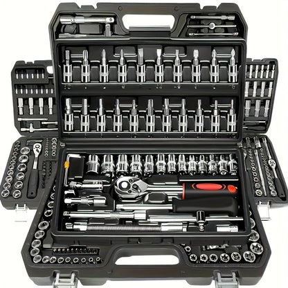 150/46pcs Professional All-in-One Auto Repair Tool Set Compatible for European- Heavy-Duty Alloy Metal Toolbox with Ratchet Torque Wrench, Hex Bit Screwdriver Kit, Multi-Size Car Mechanic Tool Kit for DIY& Professional Mechan